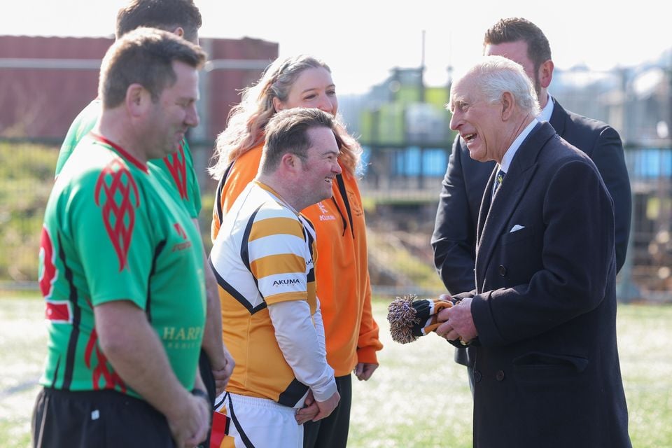 King Charles pictured at Newforge Sports Complex meeting members of sports teams who train there. Picture by Jonathan Porter/PressEye