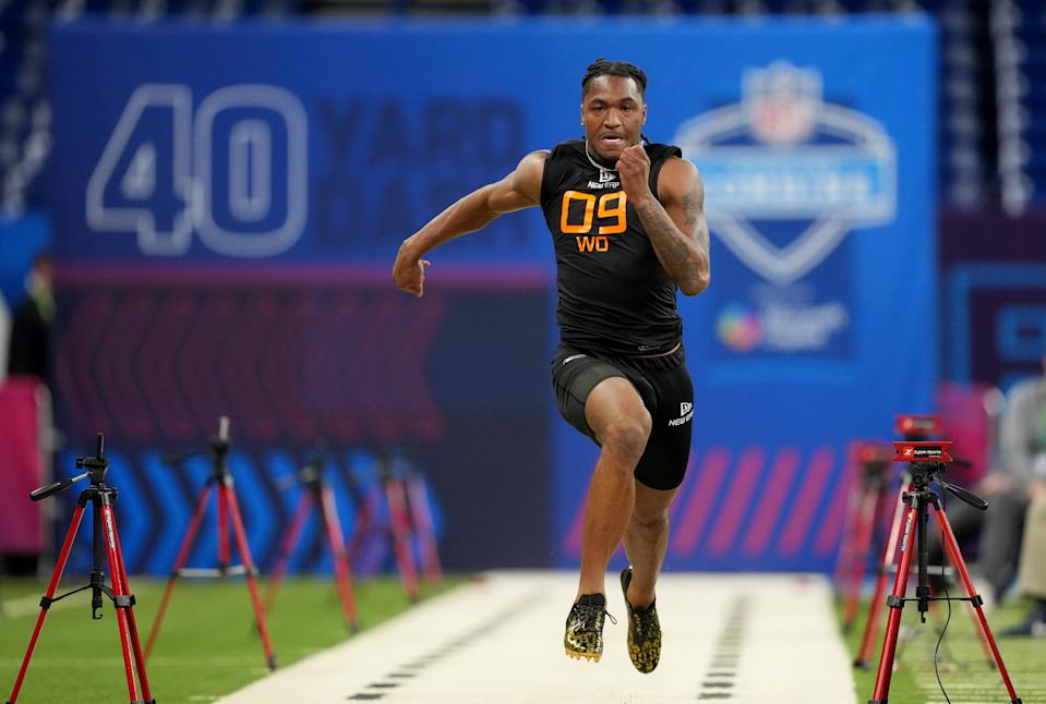 Mar 1, 2025; Indianapolis, IN, USA; Missouri wideout Luther Burden III (WO09) during the 2025 NFL Combine at Lucas Oil Stadium. Mandatory Credit: Kirby Lee-Imagn Images