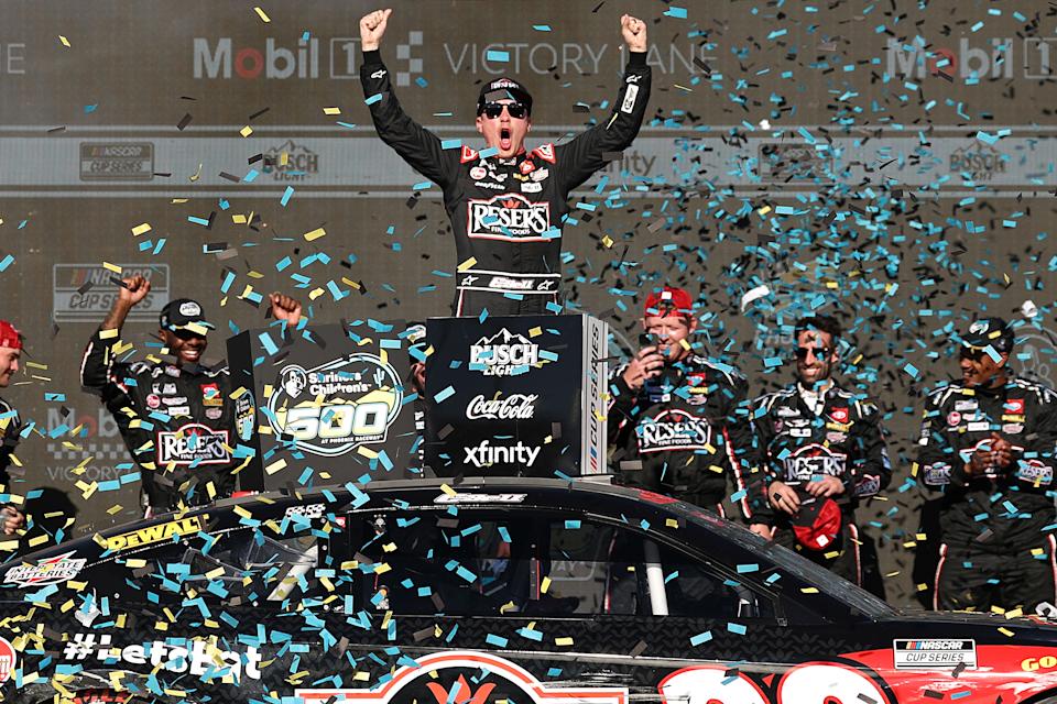 AVONDALE, ARIZONA - MARCH 09: Christopher Bell, driver of the #20 Reser's Fine Foods Toyota, celebrates in victory lane after winning the NASCAR Cup Series Shriners Children's 500 at Phoenix Raceway on March 09, 2025 in Avondale, Arizona. (Photo by Chris Graythen/Getty Images)
