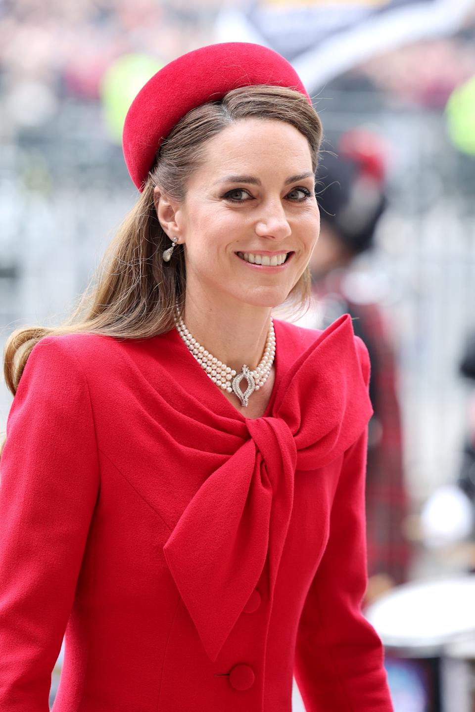 Kate Middleton attends Commonwealth Day Service 2025, Collingwood pearl drop earrings missing diamonds, red dress