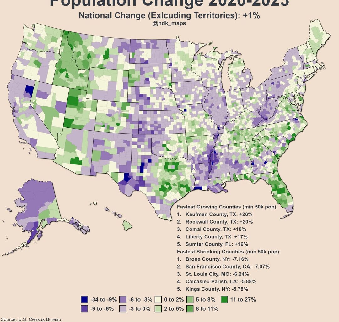 [OC] Population Change from 2020 to 2023 by US County