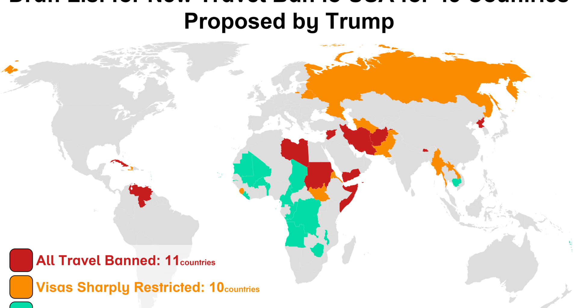 [OC] New Travel Ban to USA for 43 Countries Proposed by Trump. Reason for Bhutan in not clear