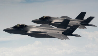 U.S. Air Force F-35 Lightning IIs from the 356th Fighter Squadron at Eielson Air Force Base fly side by side with Republic of Korea Air Force F-35s.