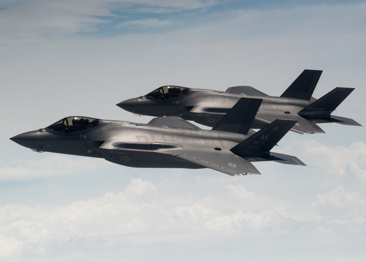 U.S. Air Force F-35 Lightning IIs from the 356th Fighter Squadron at Eielson Air Force Base fly side by side with Republic of Korea Air Force F-35s.