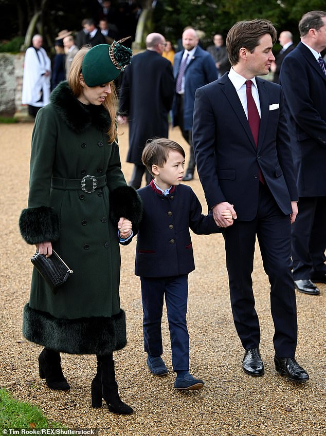 Beatrice and Edoardo with Wolfie for the Christmas Day church service in  Sandringham in December 2022