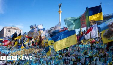 A general view of the flags of Ukraine, the United States and others at Independence square during the commemoration ceremony for the 6 Americans, who died fighting for Ukraine during Russia-Ukraine war in Kyiv, Ukraine on March 14, 2025