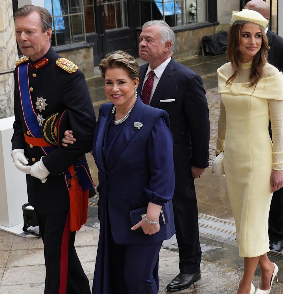 Grand Duke Henri of Luxembourg, Maria Teresa, Grand Duchess of Luxembourg, Abdullah II of Jordan, Queen Rania of Jordan, Letsie III of Lesotho, 'Masenate Mohato Seeiso, Alois, Hereditary Prince of Liechtenstein, and Sophie, Hereditary Princess of Liechtenstein arrive ahead of the Coronation of King Charles III and Queen Camilla on May 6, 2023.