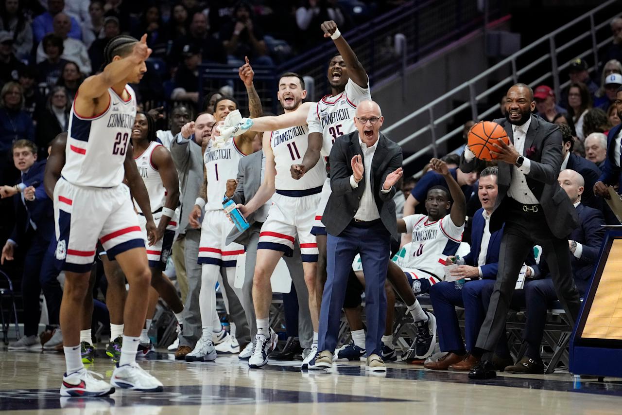 STORRS, CONNECTICUT - MARCH 8: Head coach Dan Hurley of the Connecticut Huskies and the Huskies bench react after a turnover during the first half of an NCAA basketball game against the Seton Hall Pirates at the Harry A. Gampel Pavilion on March 8, 2025 in Storrs, Connecticut. (Photo by Joe Buglewicz/Getty Images)