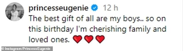 In the sweet post, the daughter of the Duke and Duchess of York said her sons are 'the best gift of all'