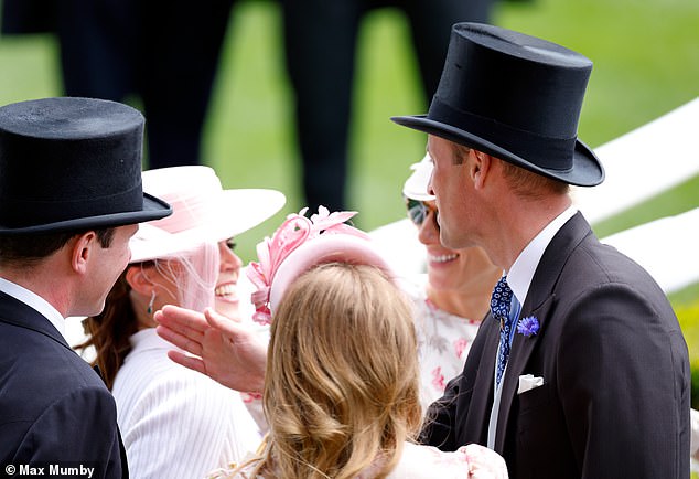 Prince William (pictured, right) stands with Princess Beatrice (pictured, centre) and her sister Eugenie