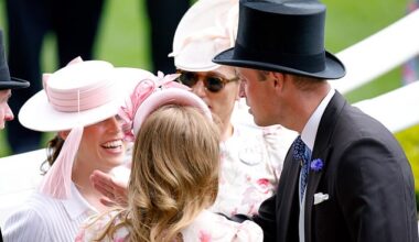 Prince William (right) shared a joke with his younger cousin, Princess Eugenie (left), on the second day at the Royal Ascot