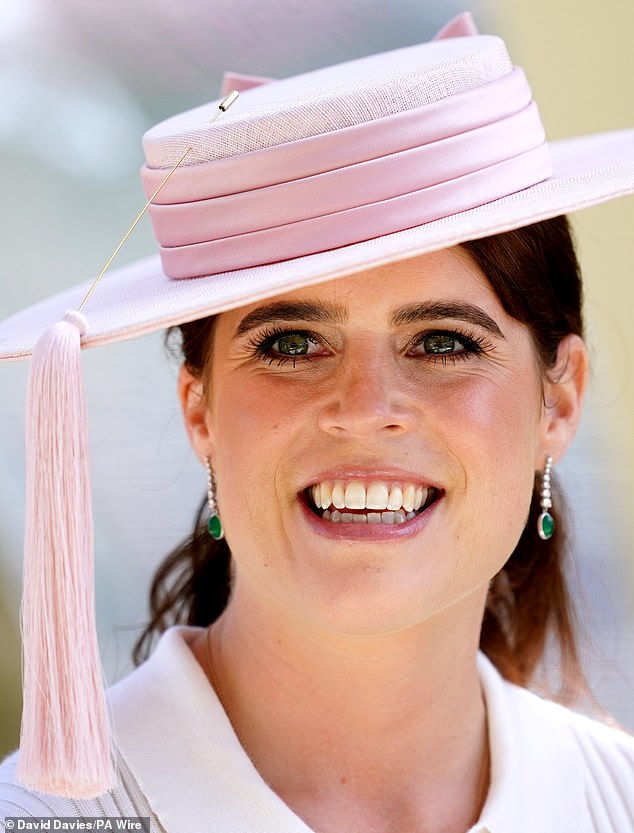 Princess Eugenie, 34, wore summery make-up, pairing peach blush with full eyelashes and glossy lips
