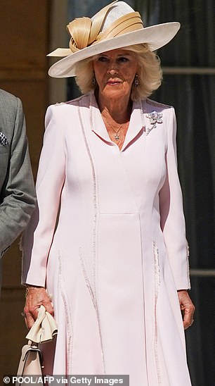 Queen Camilla has also displayed a preference for this soft hue, recently sporting a custom-made Anna Valentine coat dress at a Buckingham Palace garden party