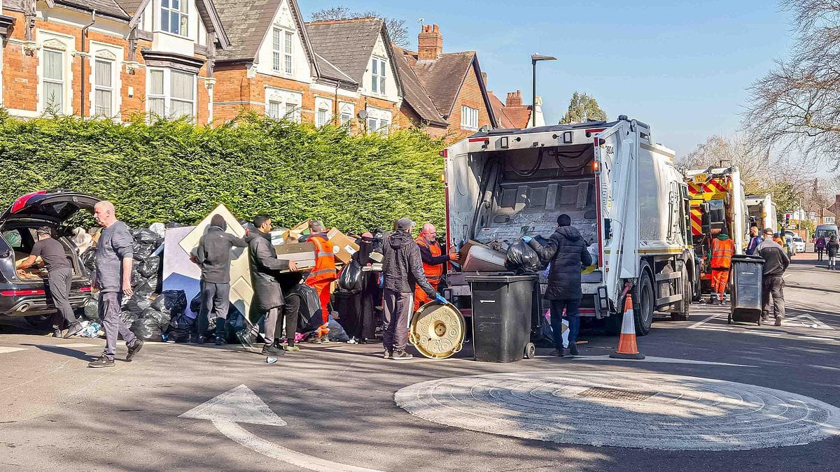 Moment desperate Birmingham residents swarm bin lorry in bid to offload rotting waste amid strikes