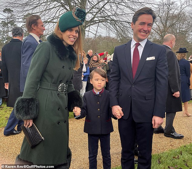 Pictured: Princess Beatrice, Wolfie Mapelli Mozzi, Edoardo Mapelli Mozzi at the 2022 Christmas Service at Sandringham