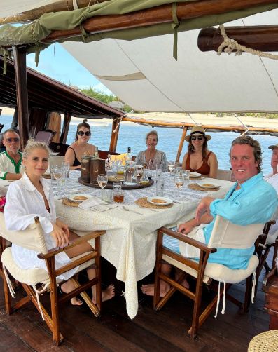 Princess Eugenie on board a boat in Lamu, Kenya with friends