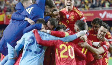spain s players celebrate after the uefa nations league quarter final win over netherlands in valencia photo afp