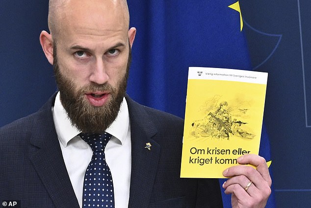 Sweden's Minister for Civil Defence Carl-Oskar Bohlin presents the new version of the booklet "If Crisis or War Comes
