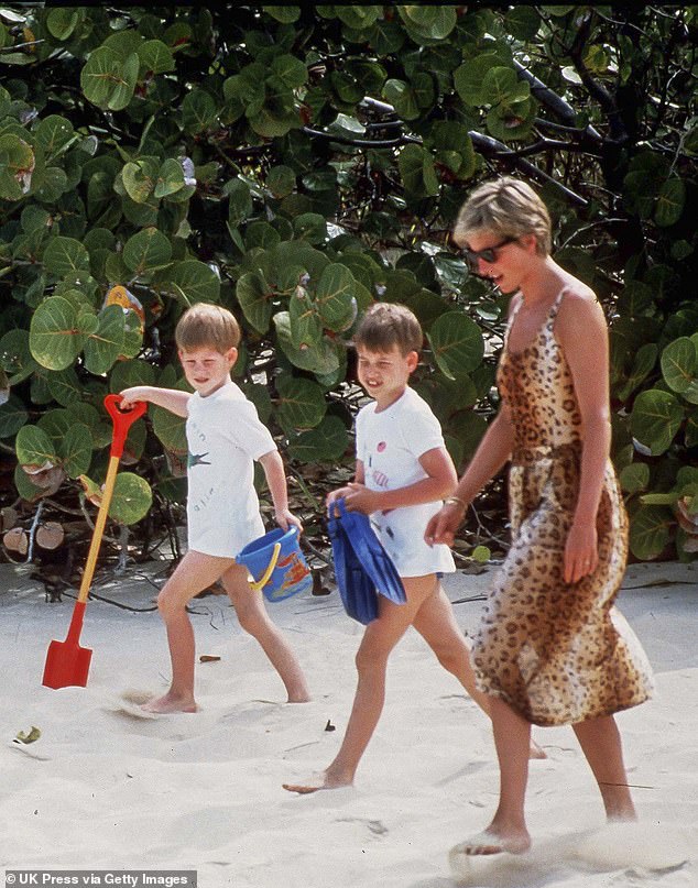 Diana with Prince William and Prince Harry on Holiday In Necker Island In The Caribbean, on April 11, 1990