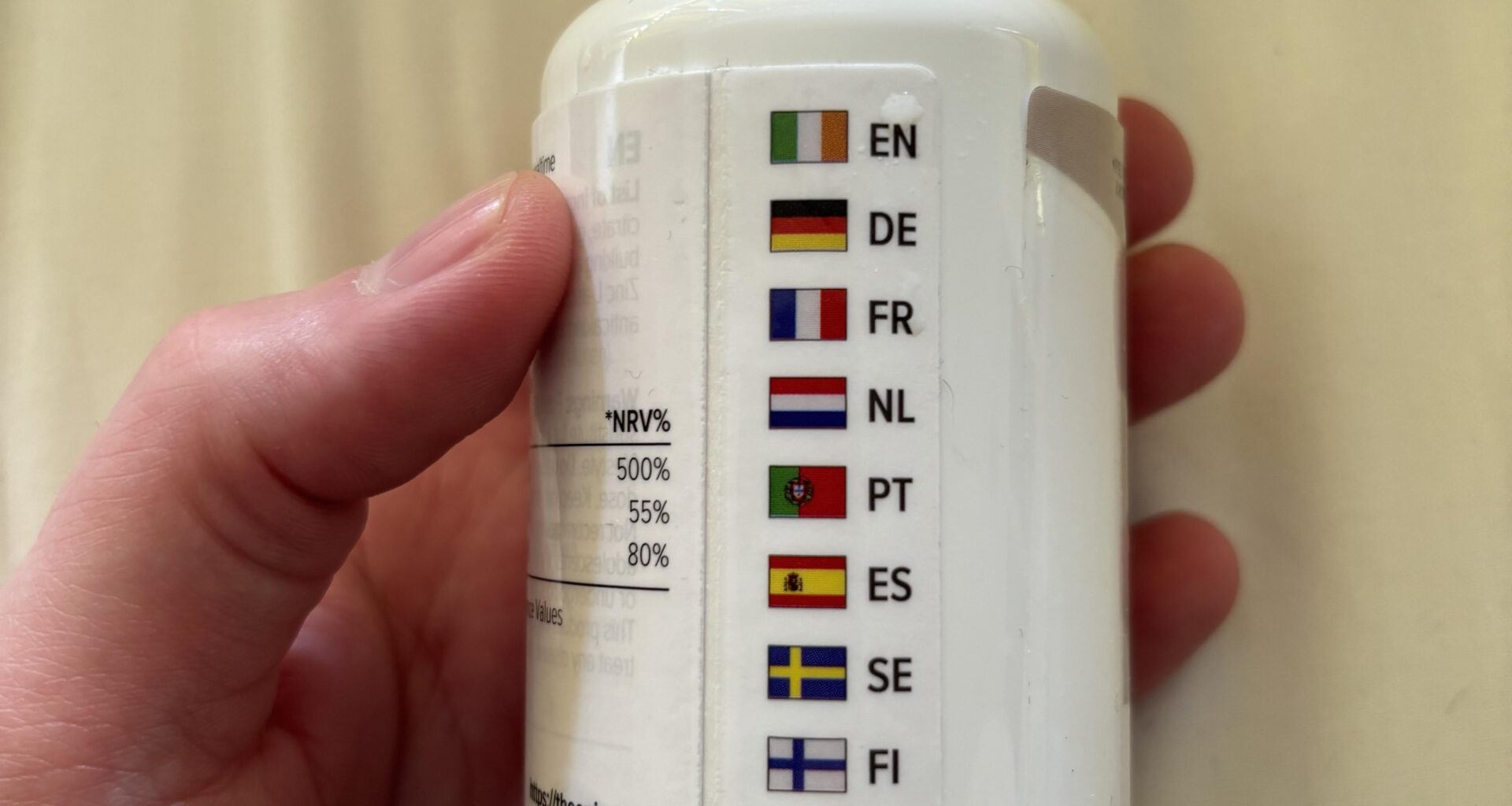 This container of Magnesium uses the Irish flag for the English language