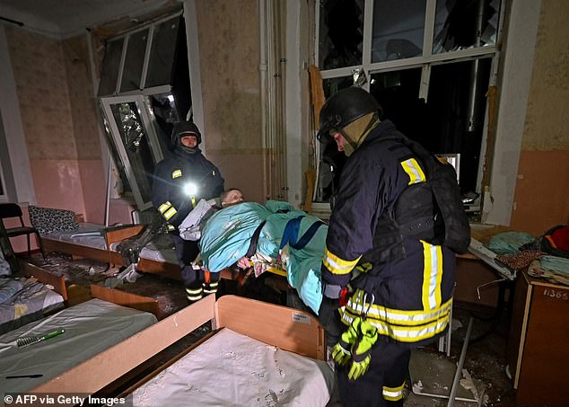 The war-hit nation was pummeled by Moscow last night, with a crowded hospital one of several targets blown up by a kamikaze drone attack