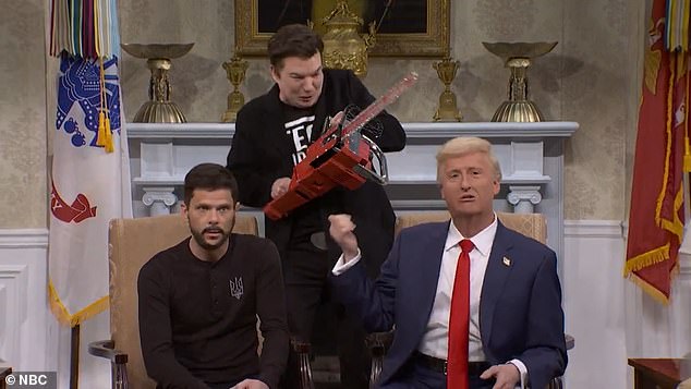 Myers rips on a red chainsaw, similar to the one Musk appeared on stage with at CPAC last month