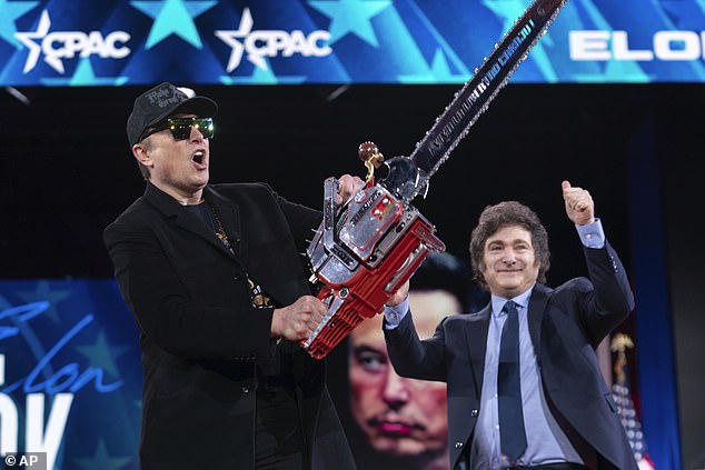Myers appeared with a chainsaw, much like Musk did at CPAC after being gifted one by Argentina's President Javier Milei, seen here in the background