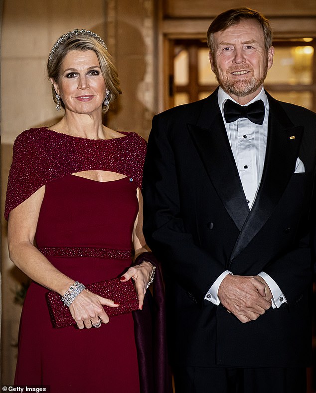 She was joined by her husband King Willem-Alexander (pictured), who looked dapper in black tie attire