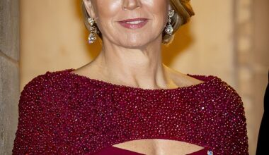 Queen Máxima of the Netherlands (pictured) stunned in a beaded, crimson gown at a state banquet in Cyprus on Tuesday evening
