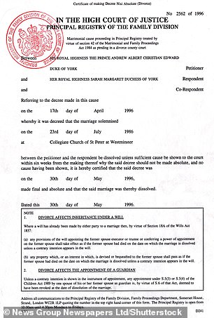 Prince Andrew and Sarah Ferguson's divorce was finalised in April 1996