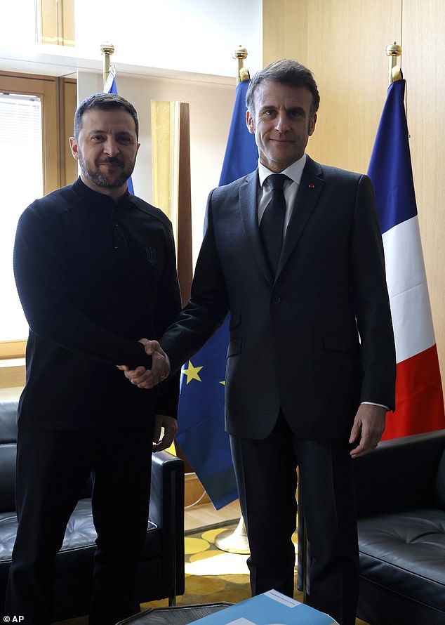 Ukraine's President Volodymyr Zelenskyy, left, meets French President Emmanuel Macron on the sidelines of the European Council to discuss continued support for Ukraine and European defense, in Brussels