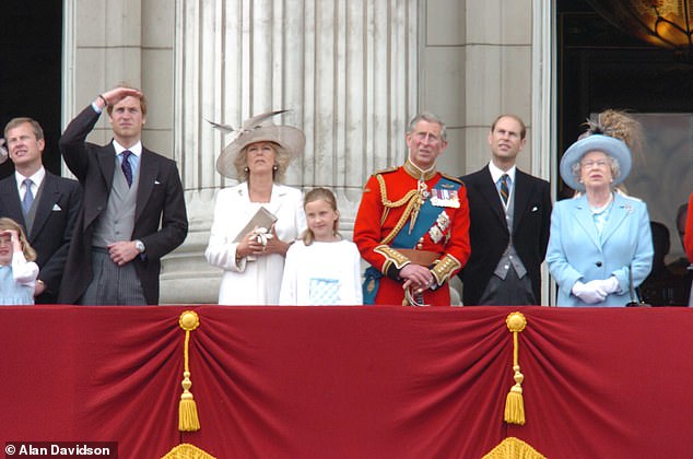 L-R: Lord Ivar Mountbatten, Prince William, Camilla Duchess of Cornwall, Ella Mountbatten, Prince of Wales, Edward The Duke of Wessex, and Queen Elizabeth II inspect the troops at London's Horse Guards before the annual Trooping the Colour parade, June 11, 2005