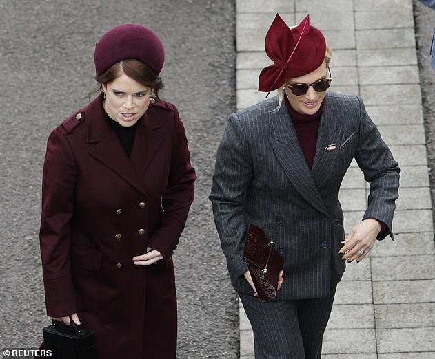 It appears that burgundy was on the royal style memo as Eugenie, 34, donned a double-breasted blazer in the same colour as Zara's high-neck