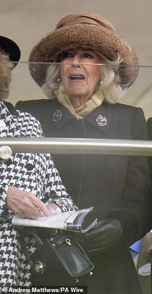Queen Camilla reacts at day two of the 2025 Cheltenham Festival at Cheltenham Racecours