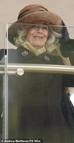 Queen Camilla reacts at day two of the 2025 Cheltenham Festival at Cheltenham Racecours