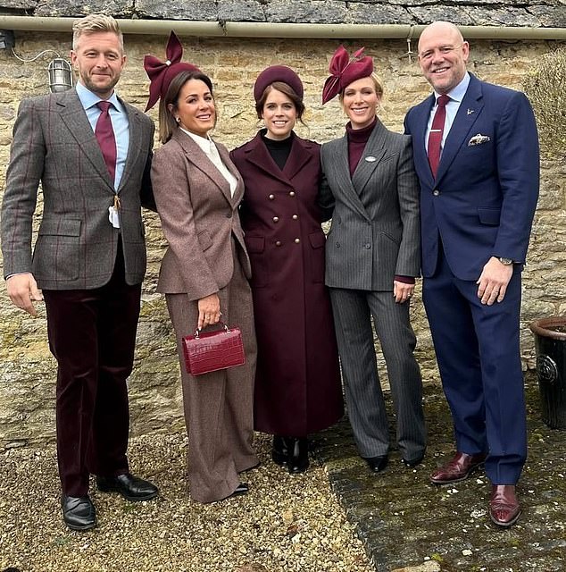 Zara, 43, and another of King Charles's nieces, Princess Eugenie, 34, wore burgundy fascinators, as did their friend Natalie Pinkham, 47, the Sky Sports presenter