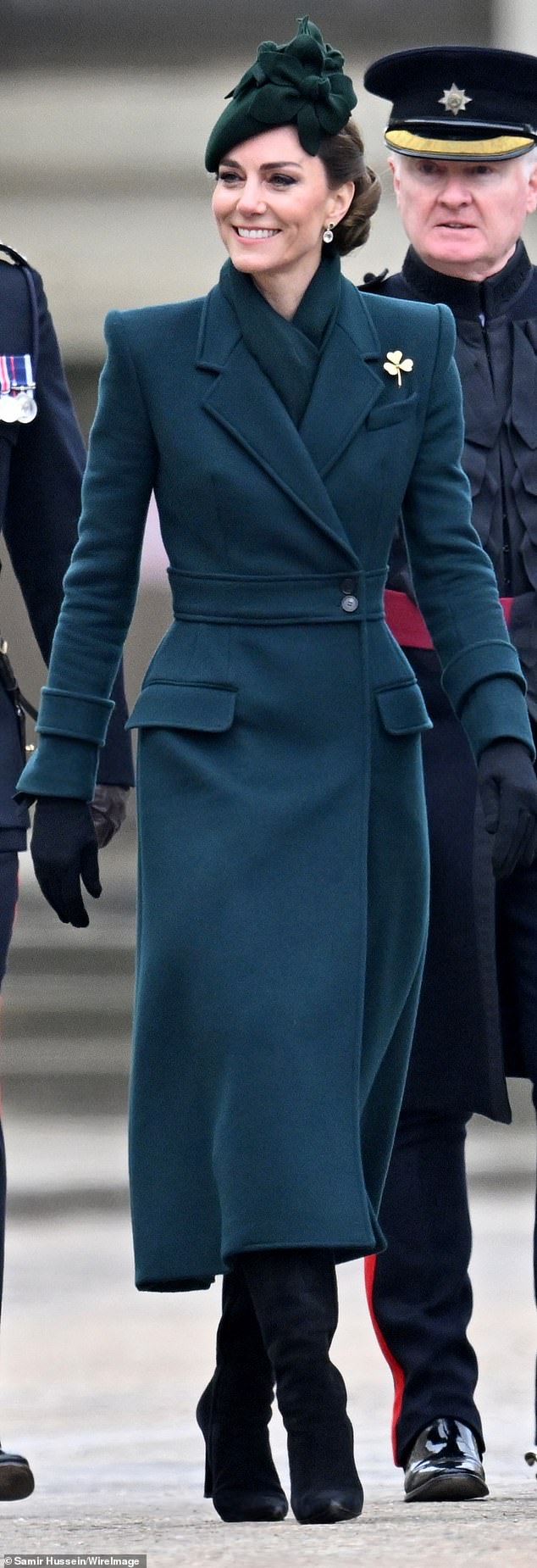 The Princess of Wales made a triumphant return to the Irish Guards’ St Patrick’s Day parade, keeping to tradition in an elegant head-to-toe green ensemble that paid homage to the occasion. The strong shoulders of the tailored coat lent a sharp, military-inspired edge, a fitting nod to her role as honorary Colonel of the regiment