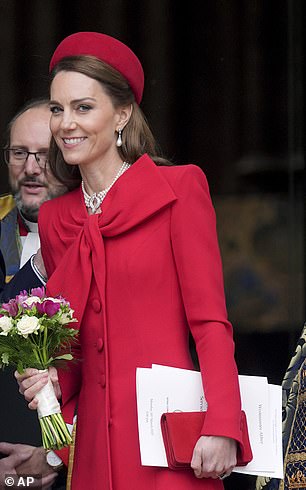 Kate also wore a matching red hat by Gina Foster and pieces from both Queen Elizabeth and Princess           Diana’s jewellery collections