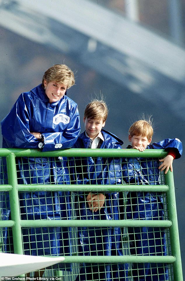 Ingrid Seward wrote that Princess Diana once told her William was 'very sensitive' and Harry was 'very lively'. Diana is pictured with a young William and Harry in 1991 on a visit to Canada