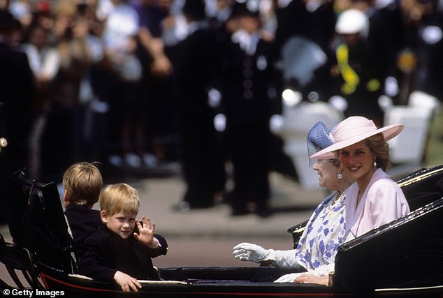 Harry waves to the crowds as he travels in an open carriage with Diana, William, Queen Elizabeth and the Queen Mother in 1989