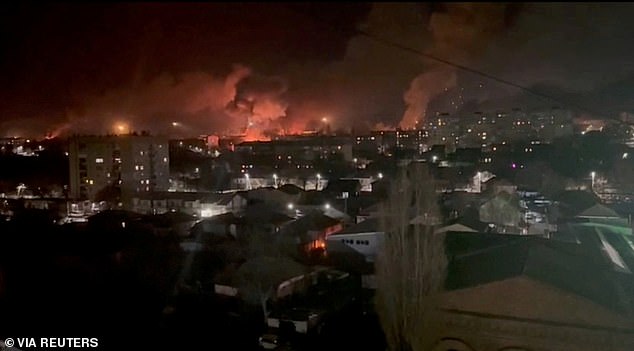 Plumes of smoke rise from a Russian strike on Kropyvnytskyi, Kirovohrad Region, Ukraine on March 20, 2025