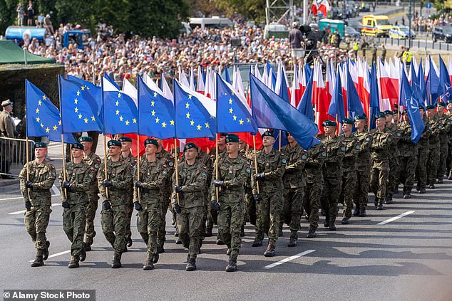 He is afraid of Nato. The military might of the Western transatlantic alliance far outguns anything his war-ravaged country can muster (servicemen of the Polish Army marching with Polish and NATO flags)