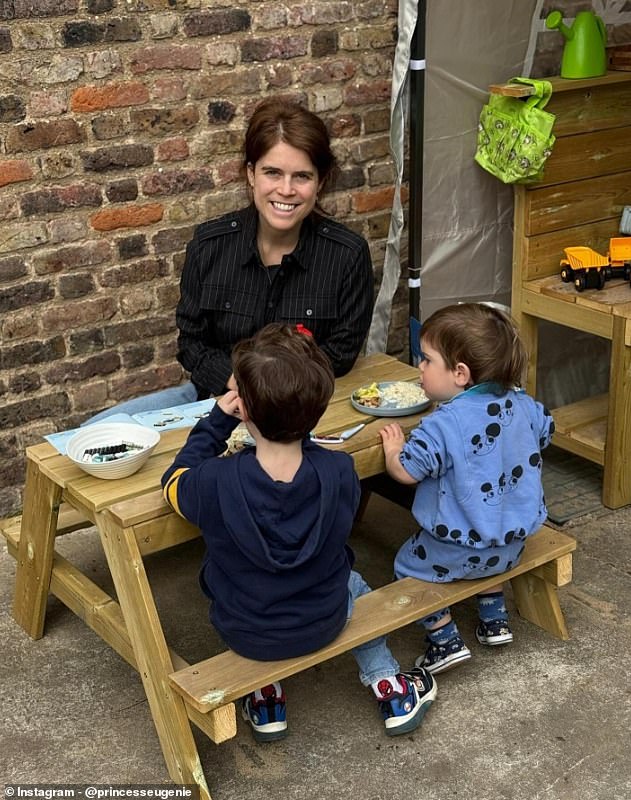 Princess Eugenie is pictured with her two sons, August (left), four, and Ernest (right), two