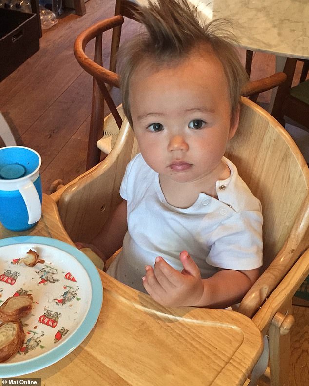 The fourth and final picture shows Wolfie sat in a wooden high chair ready for dinner time