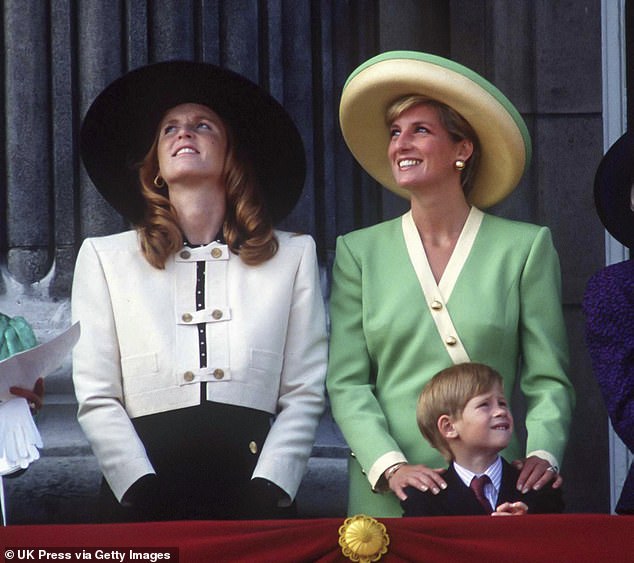 Diana, Princess of Wales ,and Sarah, Duchess of York, and Prince Harry, at The Battle of Britain Parade in 1990