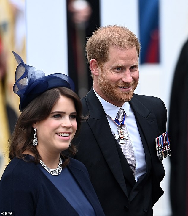 Princess Eugenie and the Duke of Sussex, depart after the Coronation of Britain's King Charles III and Queen Camilla at Westminster Abbey, in 2023