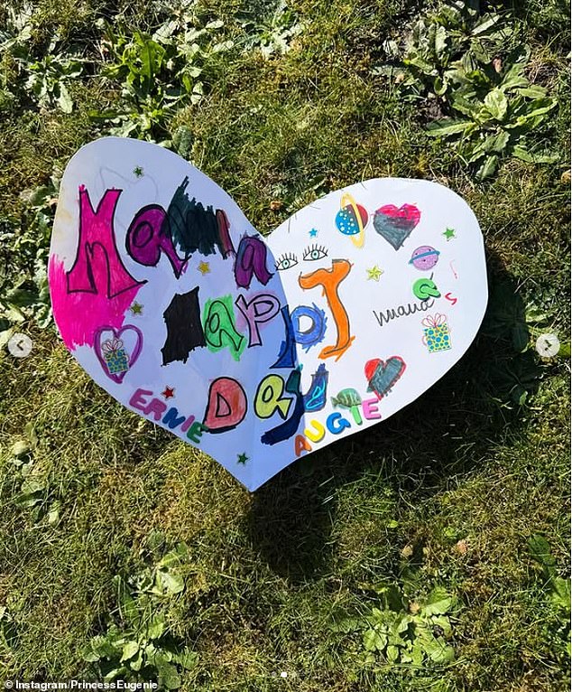 Eugenie even shared a homemade card, which read 'Mama happy day' and signed 'Ernie and Augie'