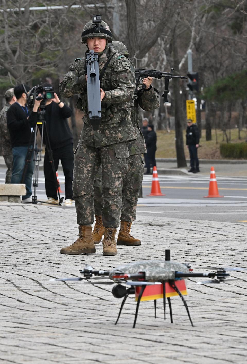 A South Korean soldier uses an anti-drone gun during a drill on the sidelines of the annual Freedom Shield joint military exercises with American forces (AFP via Getty)