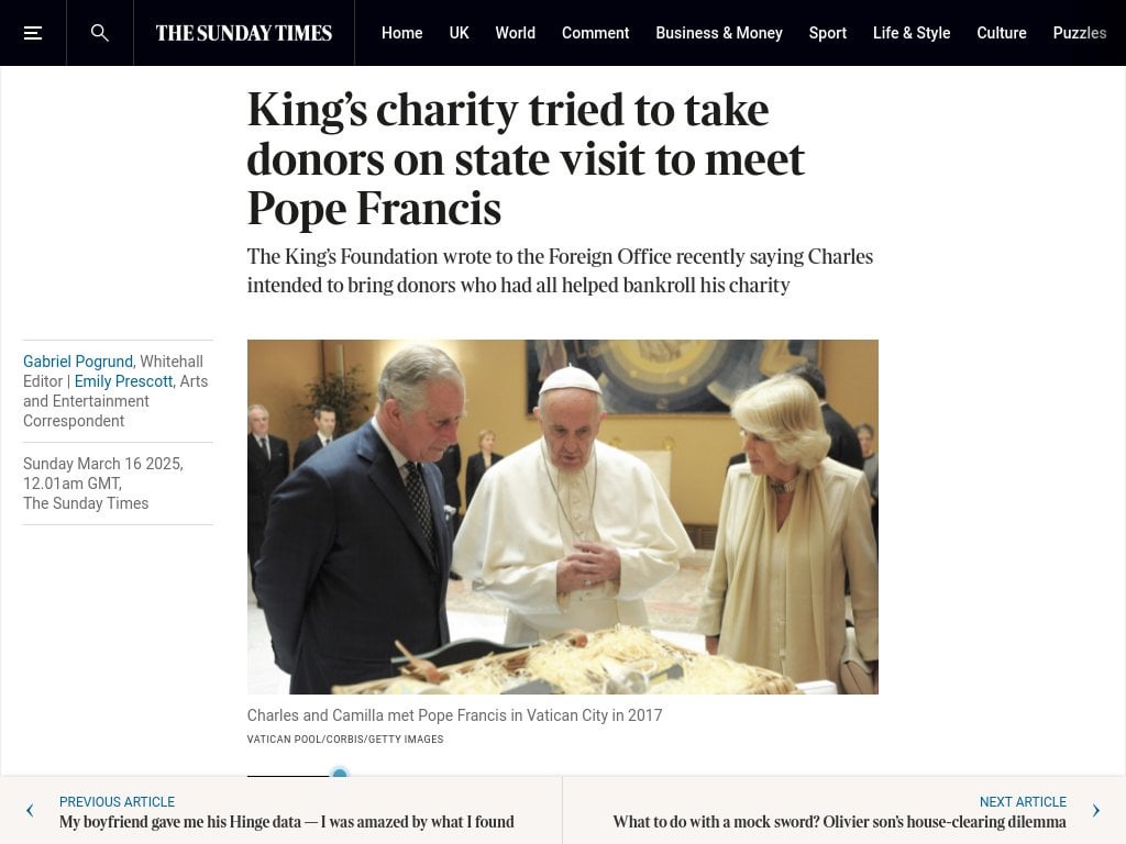 King’s charity tried to take donors on state visit to meet Pope Francis