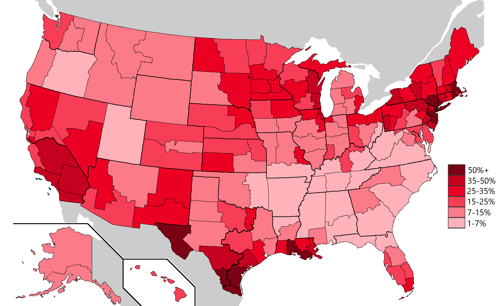 Percentage of Catholics in the United States by Diocese [OC]